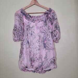 Giusy Top Womens L Watercolor Floral SS Lined Roll Up Tab Cottage Coastal Fairy